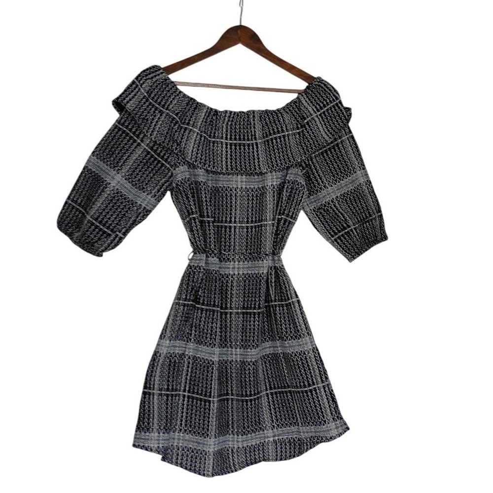 100% Cotton Renee C NWT Olive Plaid Embroidered Off Shoulder Boho Mini Dress M - Picture 4 of 8